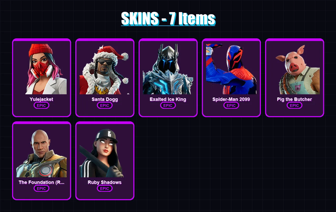 [PC/XBOX/PSN] | Yulejacket | Santa Dogg | Exalted Ice King | Spider-Man 2099 | Pig the Butcher | 7 skin | 32 pickaxe | 13 emote | 20 glider | Lv228