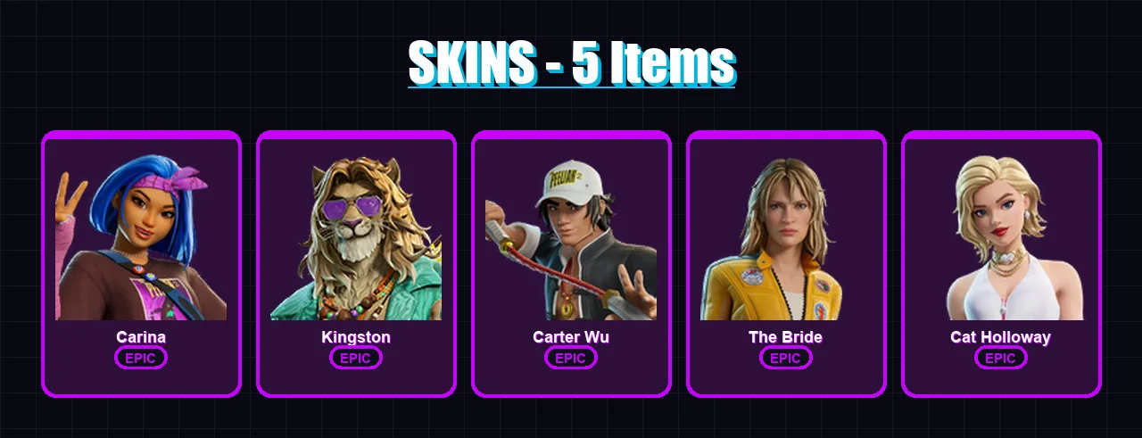 [PC/XBOX/PSN] | Carina | Kingston | Carter Wu | The Bride | Cat Holloway | 5 skin | 15 pickaxe | 11 emote | 10 glider | Lv65