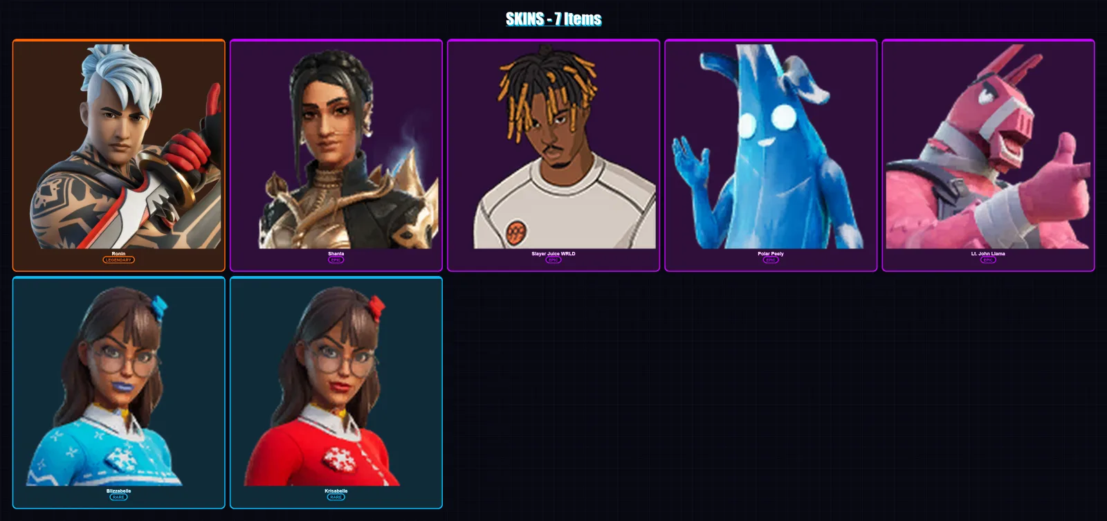 [PC/XBOX/PSN] | Ronin | Shanta | Slayer Juice WRLD | Polar Peely | Lt. John Llama | 7 skin | 12 pickaxe | 9 emote | 9 glider | Lv118