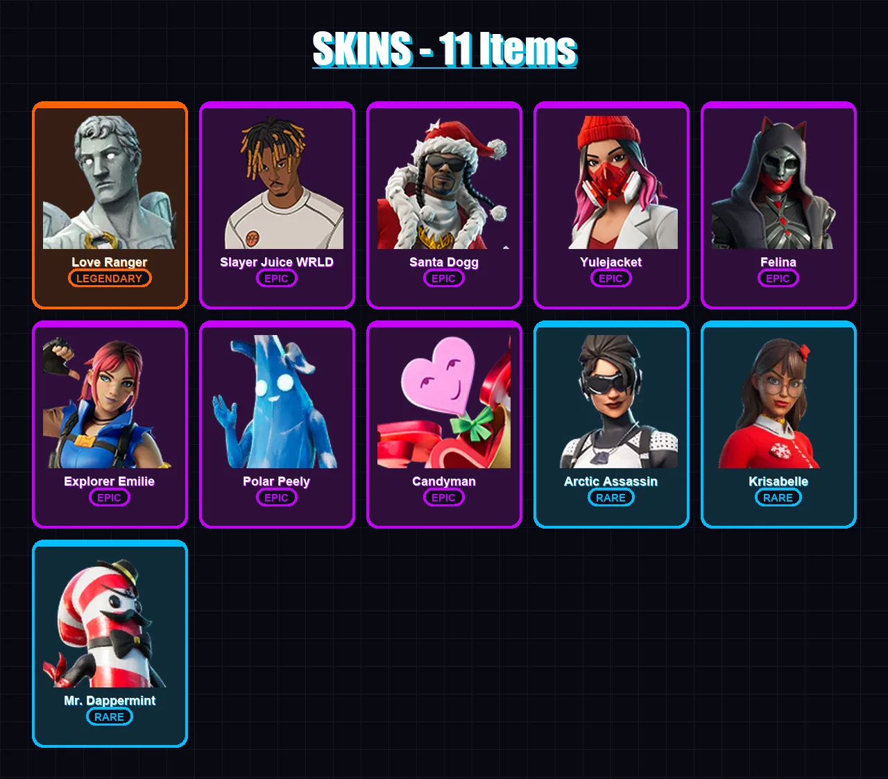 [PC/XBOX] | Love Ranger | Slayer Juice WRLD | Santa Dogg | Yulejacket | Felina | 11 skin | 25 pickaxe | 14 emote | 21 glider | Lv272