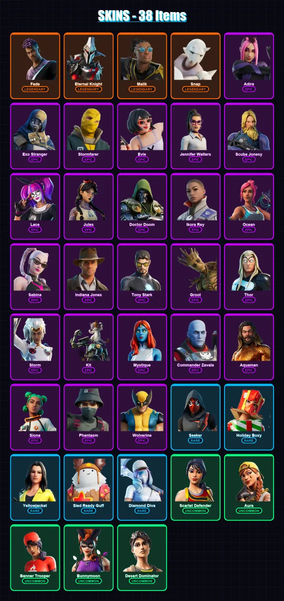 [PC/XBOX/PSN] | Fade | Eternal Knight | Malik | Snap | Adira | 38 skin | 48 pickaxe | 60 emote | 49 glider | Lv1040