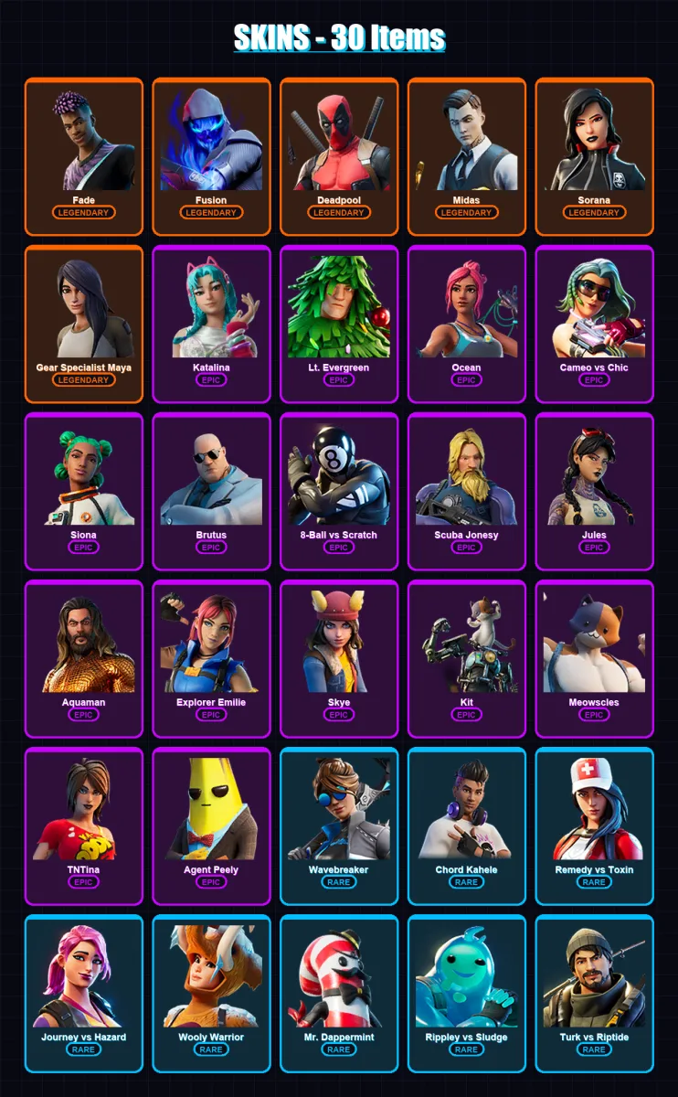 [PC/PSN] | Fade | Fusion | Deadpool | Midas | Sorana | 30 skin | 32 pickaxe | 33 emote | 35 glider | Lv691