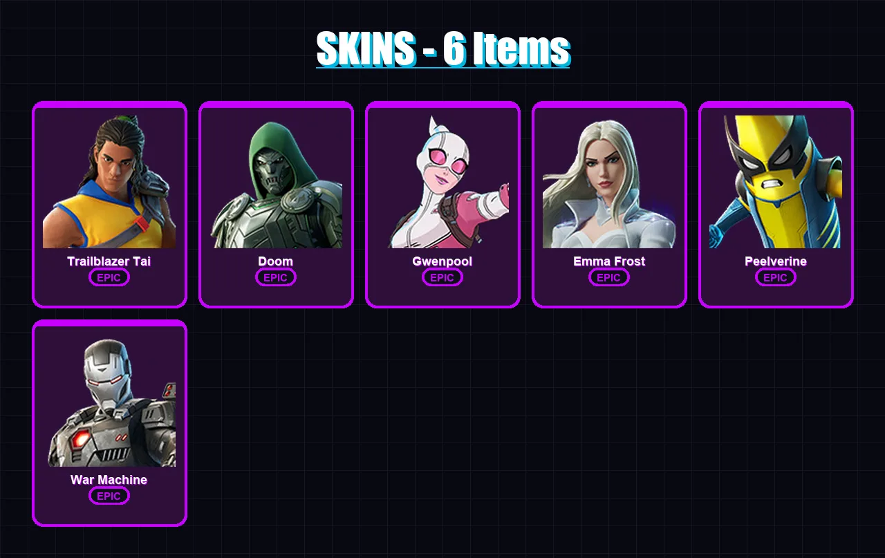 [PC/XBOX/PSN] | Trailblazer Tai | Doom | Gwenpool | Emma Frost | Peelverine | 6 skin | 15 pickaxe | 13 emote | 16 glider | Lv186