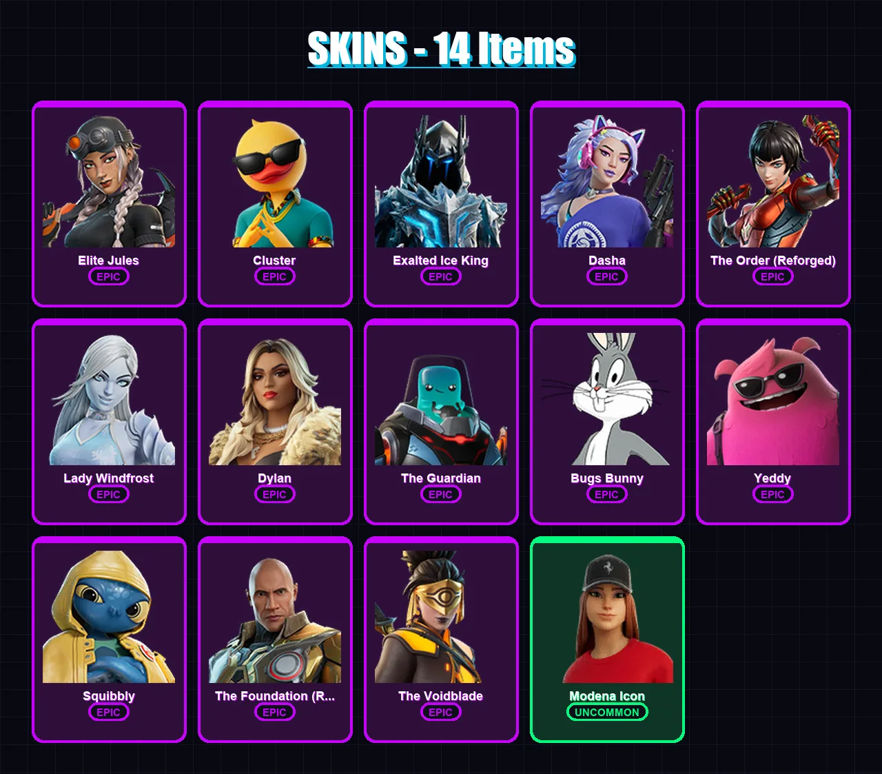 [PS4/PS5/XBOX/PC] | Elite Jules | Cluster | Exalted Ice King | Dasha | The Order (Reforged) | 14 skin | 31 pickaxe | 20 emote | 29 glider | Lv331