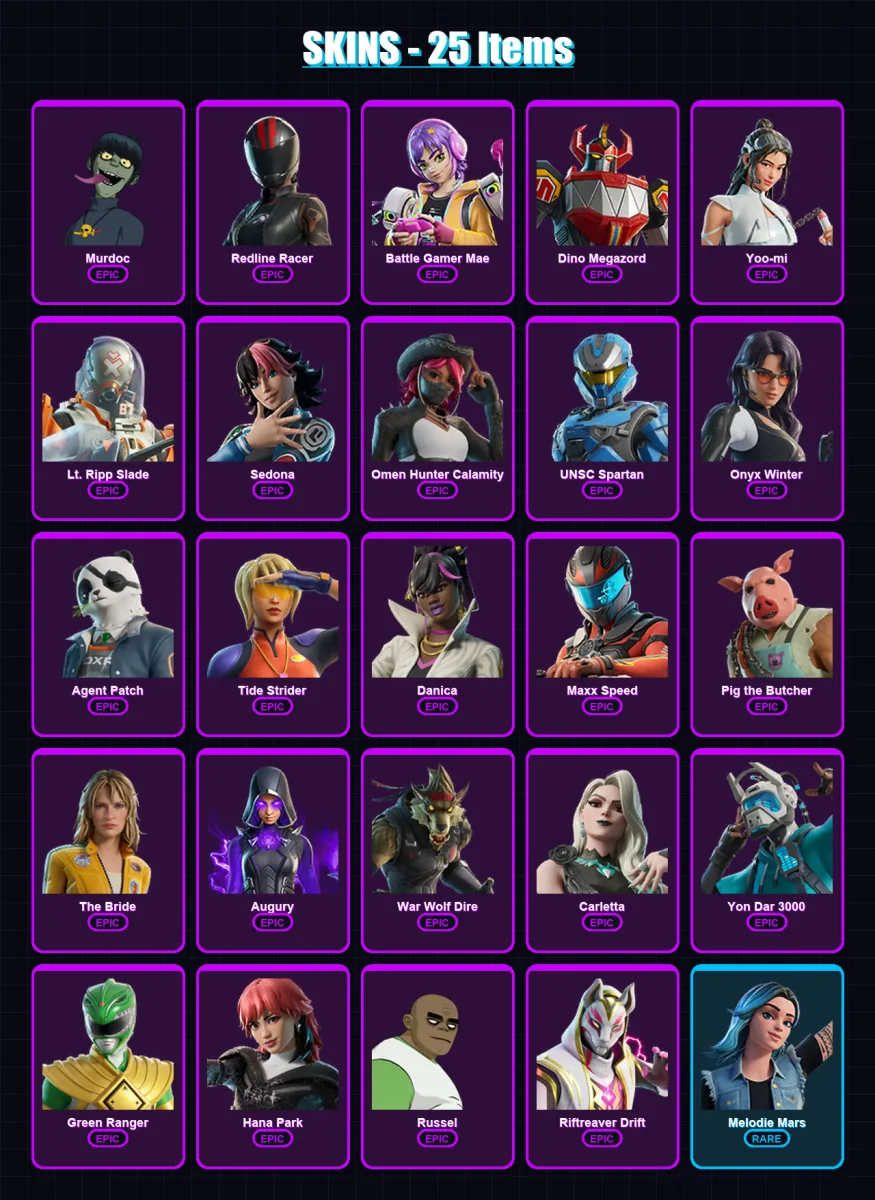 [PC/PSN] | Murdoc | Redline Racer | Battle Gamer Mae | Dino Megazord | Yoo-mi | 25 skin | 41 pickaxe | 27 emote | 17 glider | Lv176