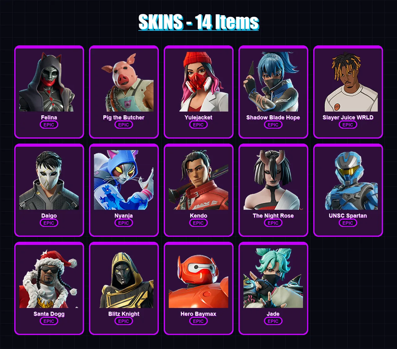 [PC/PSN] | Felina | Pig the Butcher | Yulejacket | Shadow Blade Hope | Slayer Juice WRLD | 14 skin | 67 pickaxe | 37 emote | 37 glider | Lv700