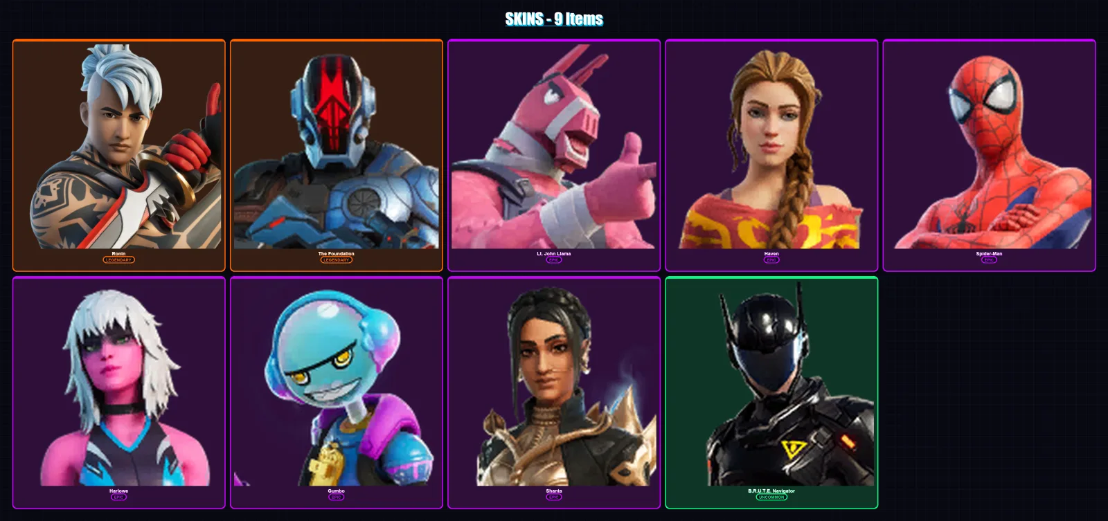 [PC/XBOX/PSN] | Ronin | The Foundation | Lt. John Llama | Haven | Spider-Man | 9 skin | 15 pickaxe | 15 emote | 15 glider | Lv230