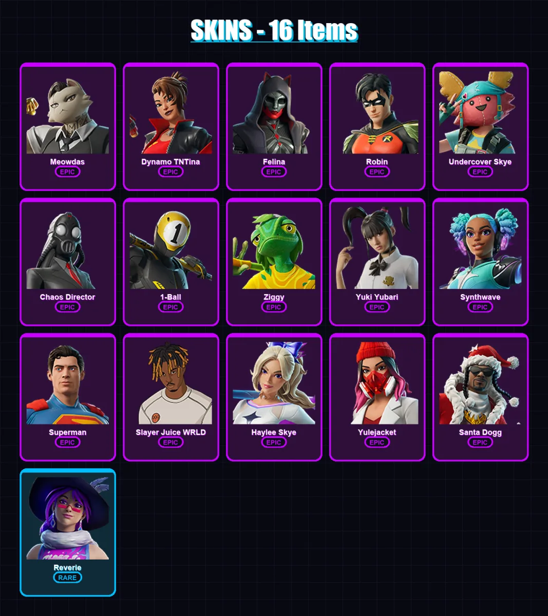 [PC/XBOX/PSN] | Meowdas | Dynamo TNTina | Felina | Robin | Undercover Skye | 16 skin | 44 pickaxe | 21 emote | 33 glider | Lv342