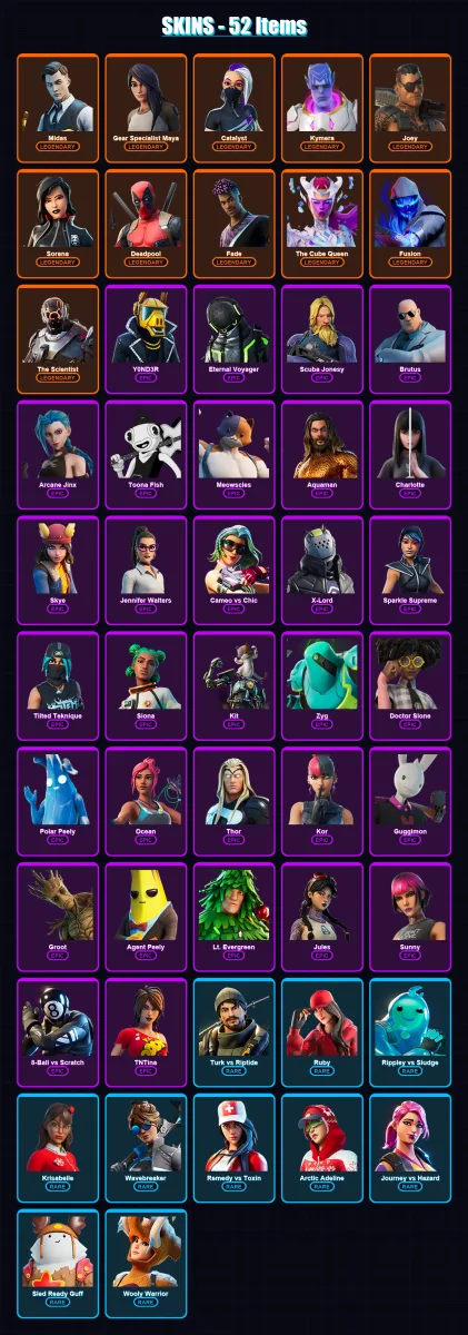 [PS4/PS5/XBOX/PC] | Midas | Gear Specialist Maya | Catalyst | Kymera | Joey | 52 skin | 71 pickaxe | 60 emote | 68 glider | Lv959
