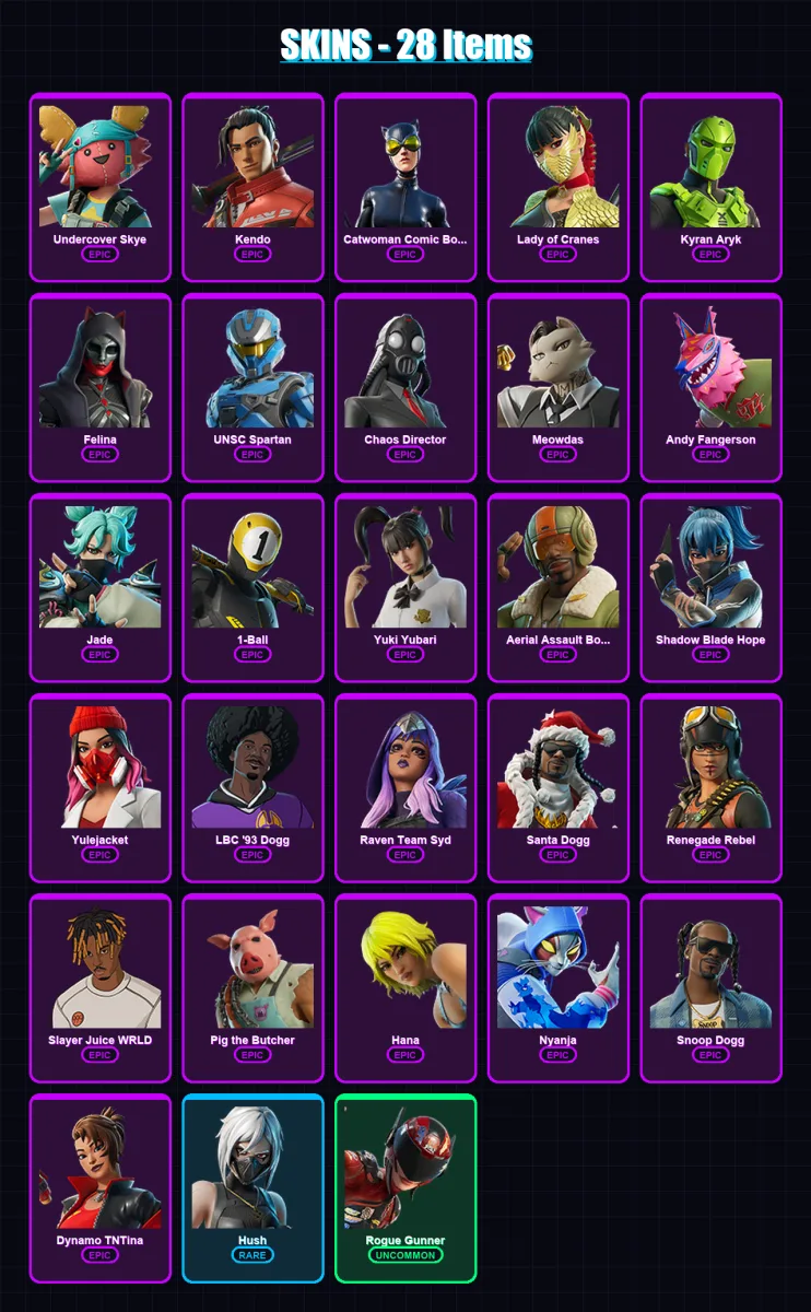 [PC/XBOX] | Undercover Skye | Kendo | Catwoman Comic Book Outfit | Lady of Cranes | Kyran Aryk | 28 skin | 52 pickaxe | 22 emote | 25 glider | Lv452