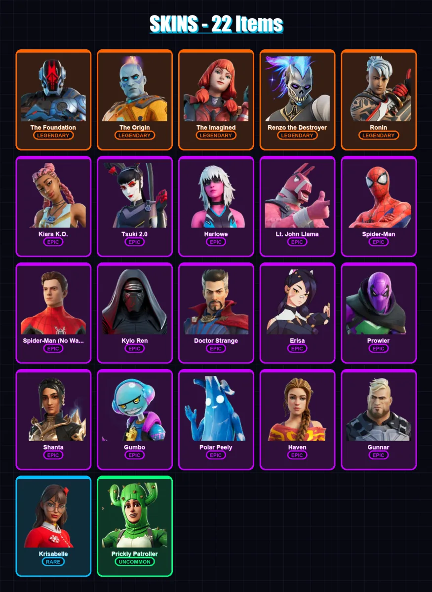 [PC/PSN] | The Foundation | The Origin | The Imagined | Renzo the Destroyer | Ronin | 22 skin | 28 pickaxe | 33 emote | 27 glider | Lv647 — Fortnite account