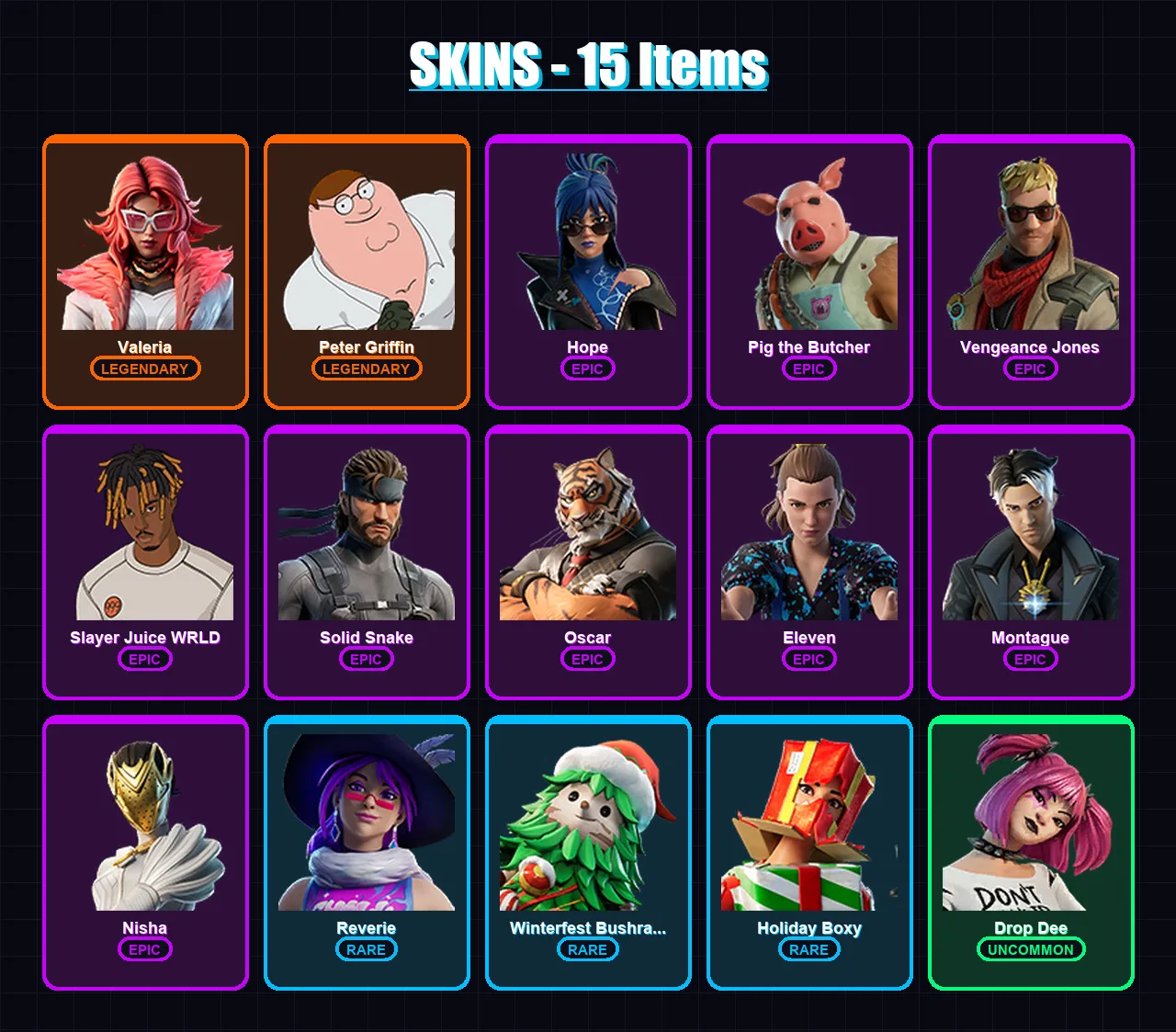 [PS4/PS5/PC] | Valeria | Peter Griffin | Hope | Pig the Butcher | Vengeance Jones | 15 skin | 30 pickaxe | 16 emote | 22 glider | Lv210