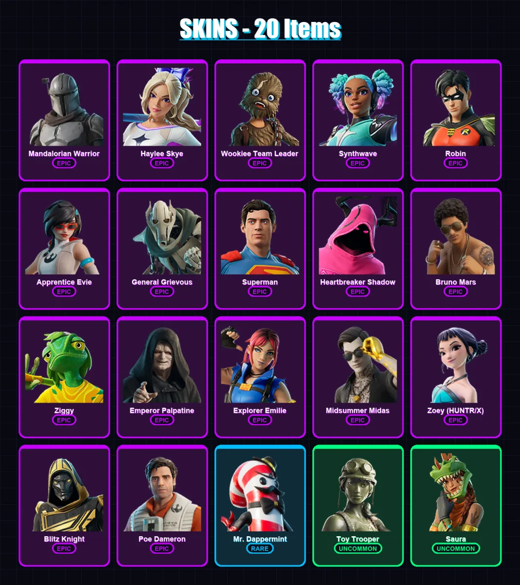 [PC/PSN] | Mandalorian Warrior | Haylee Skye | Wookiee Team Leader | Synthwave | Robin | 20 skin | 35 pickaxe | 15 emote | 21 glider | Lv165