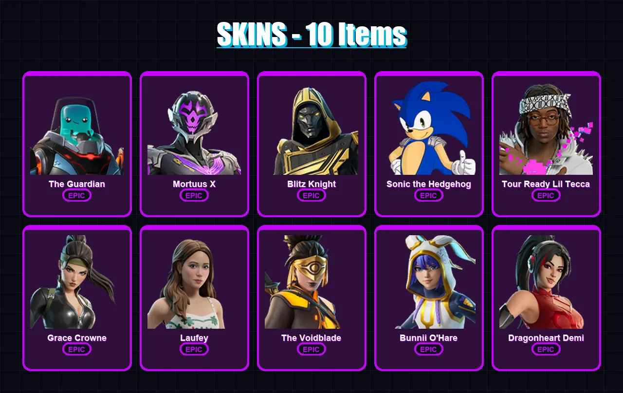 [PC/PSN] | The Guardian | Mortuus X | Blitz Knight | Sonic the Hedgehog | Tour Ready Lil Tecca | 10 skin | 12 pickaxe | 2 emote | 6 glider | Lv51 — Game account