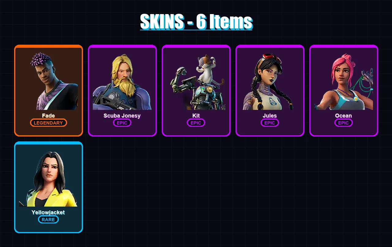 [PC/PSN] | Fade | Scuba Jonesy | Kit | Jules | Ocean | 6 skin | 12 pickaxe | 12 emote | 13 glider | Lv210
