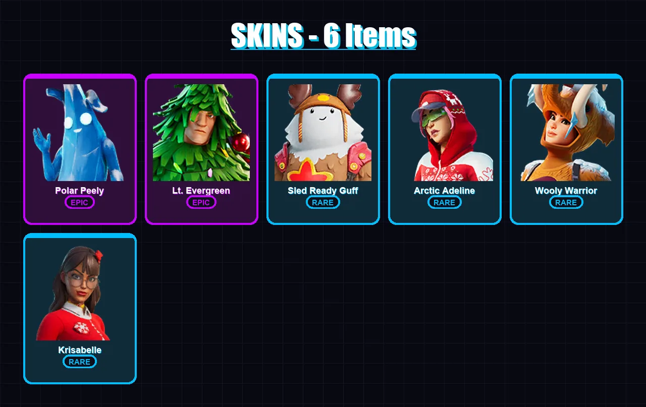 [PC/XBOX/PSN] | Polar Peely | Lt. Evergreen | Sled Ready Guff | Arctic Adeline | Wooly Warrior | 6 skin | 16 pickaxe | 18 emote | 18 glider | Lv332