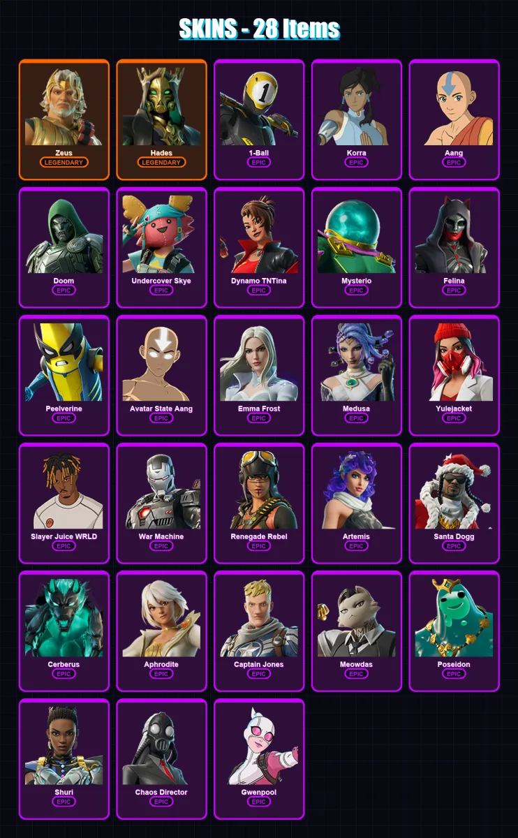 [PC/XBOX/PSN] | Zeus | Hades | 1-Ball | Korra | Aang | 28 skin | 66 pickaxe | 42 emote | 47 glider | Lv908