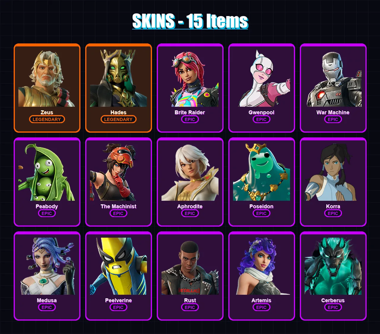 [PC/XBOX/PSN] | Zeus | Hades | Brite Raider | Gwenpool | War Machine | 15 skin | 20 pickaxe | 19 emote | 21 glider | Lv343