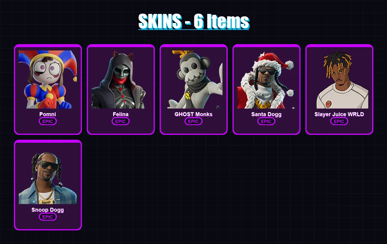 [PS4/PS5/XBOX/PC] | Pomni | Felina | GHOST Monks | Santa Dogg | Slayer Juice WRLD | 6 skin | 28 pickaxe | 12 emote | 21 glider | Lv273