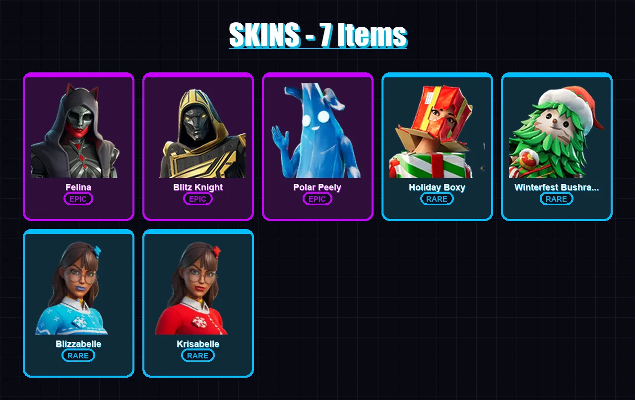 [PC/XBOX/PSN] | Felina | Blitz Knight | Polar Peely | Holiday Boxy | Winterfest Bushranger | 7 skin | 19 pickaxe | 10 emote | 18 glider | Lv189