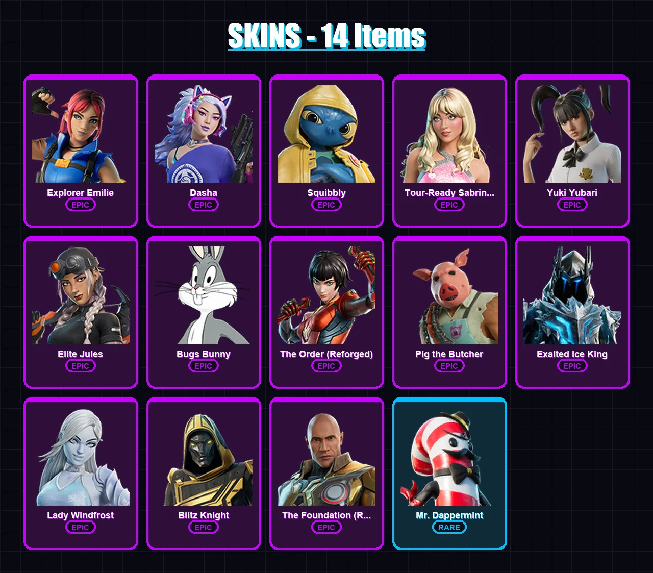 [PC/XBOX/PSN] | Explorer Emilie | Dasha | Squibbly | Tour-Ready Sabrina Carpenter | Yuki Yubari | 14 skin | 37 pickaxe | 20 emote | 29 glider | Lv63
