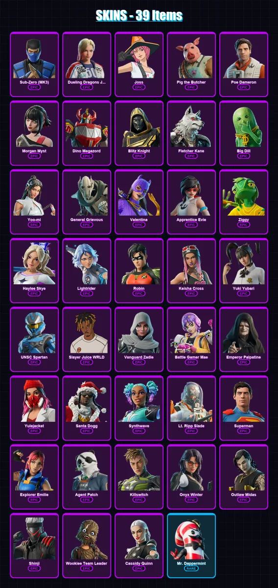 [PC/XBOX] | Sub-Zero (MK3) | Dueling Dragons Jackie | Joss | Pig the Butcher | Poe Dameron | 39 skin | 78 pickaxe | 45 emote | 52 glider | Lv703