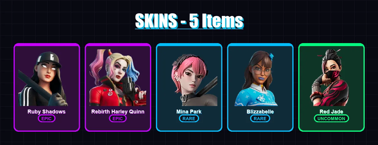 [PC/XBOX/PSN] | Ruby Shadows | Rebirth Harley Quinn | Mina Park | Blizzabelle | Red Jade | 5 skin | 12 pickaxe | 7 emote | 9 glider | Lv94