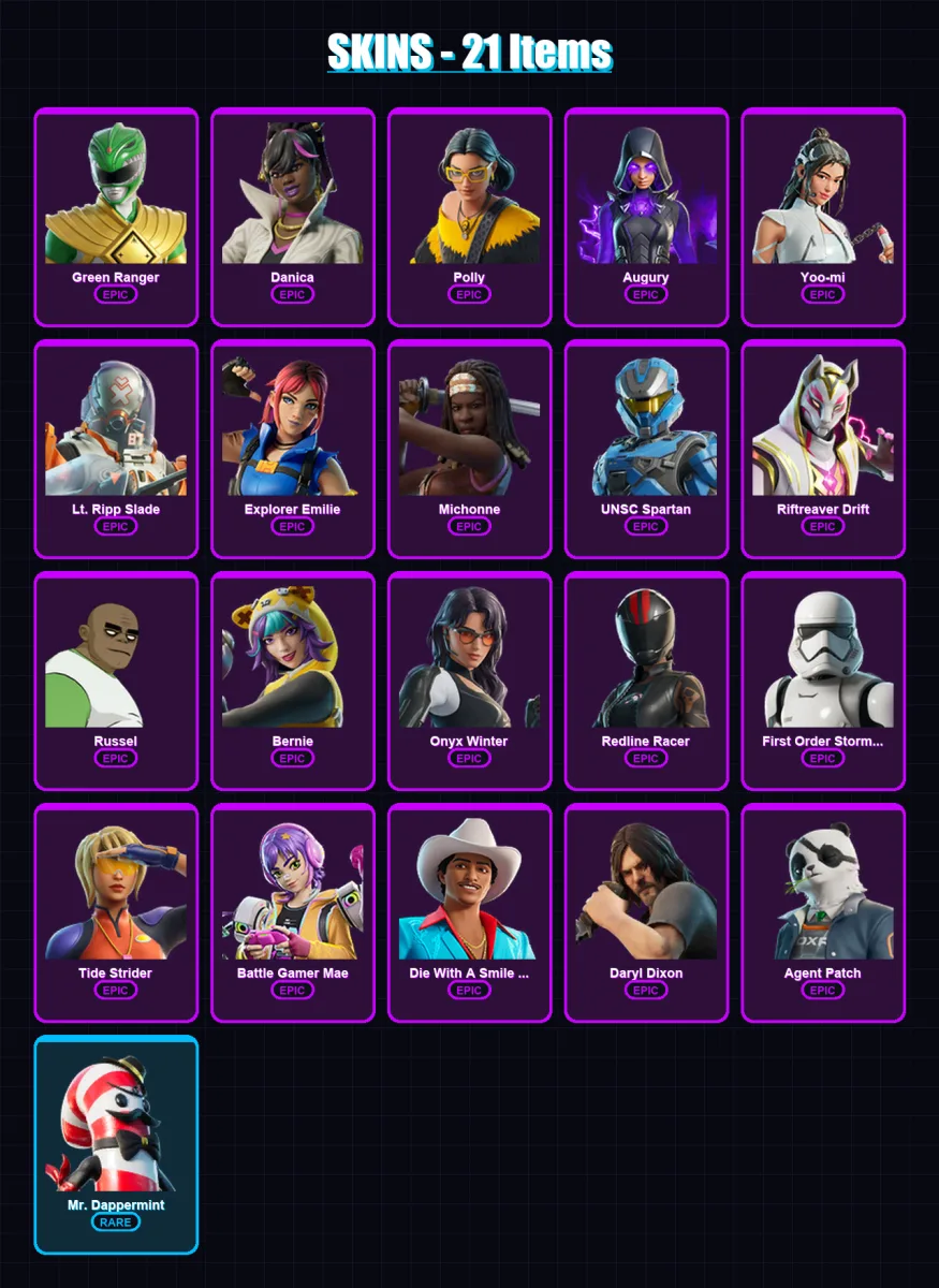 [PC/XBOX/PSN] | Green Ranger | Danica | Polly | Augury | Yoo-mi | 21 skin | 24 pickaxe | 18 emote | 13 glider | Lv152 — Fortnite account