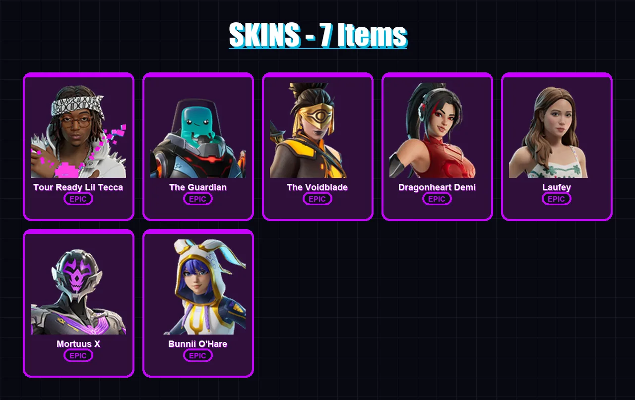 [PC/PSN] | Tour Ready Lil Tecca | The Guardian | The Voidblade | Dragonheart Demi | Laufey | 7 skin | 4 pickaxe | 3 emote | 5 glider | Lv23