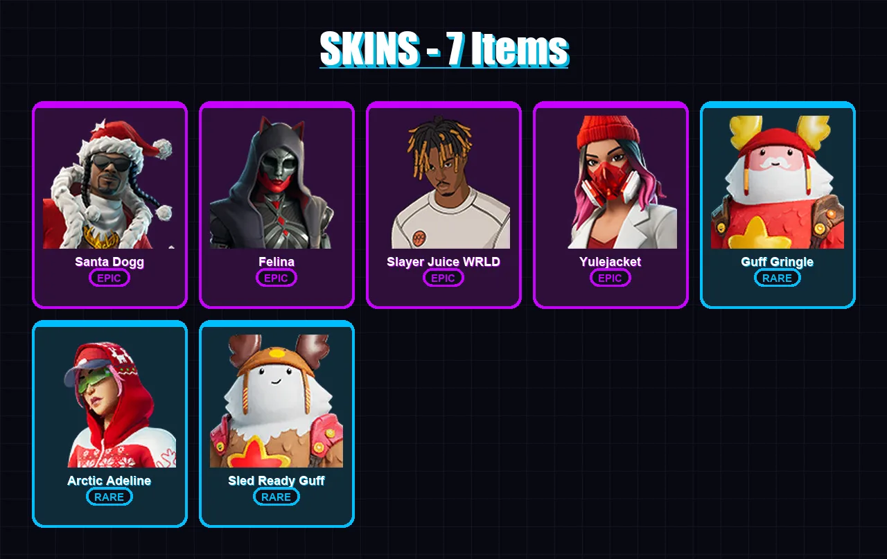[PS4/PS5/XBOX/PC] | Santa Dogg | Felina | Slayer Juice WRLD | Yulejacket | Guff Gringle | 7 skin | 35 pickaxe | 15 emote | 26 glider | Lv282 — Game account