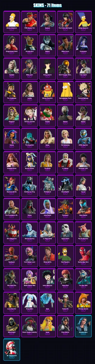 [PC/PSN] | Homer Simpson | FIRE Master Kai | Sedona | The Order (Reforged) | Marge Simpson | 71 skin | 103 pickaxe | 55 emote | 53 glider | Lv634