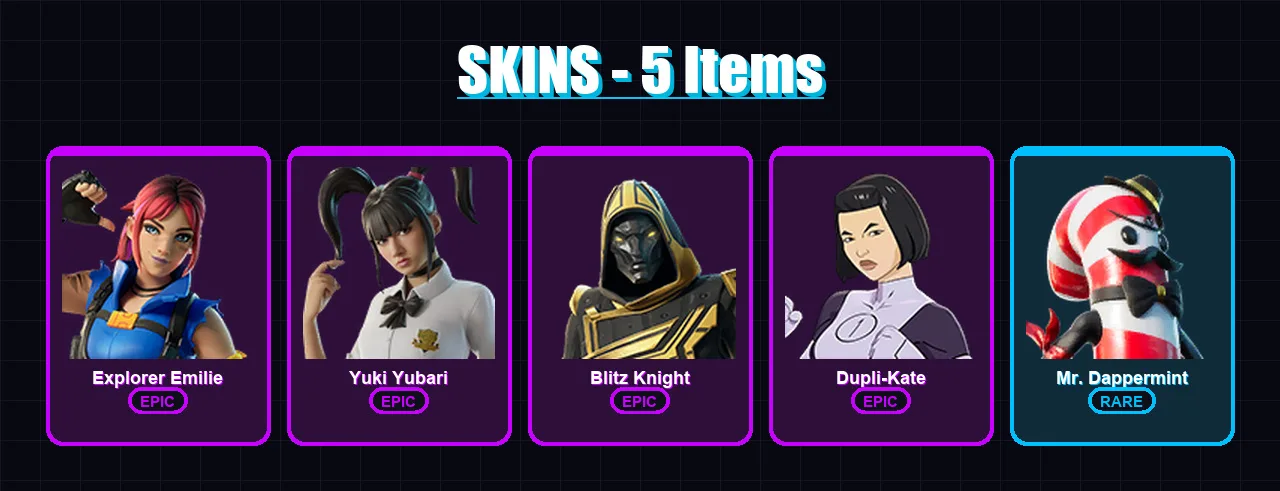 [PC/XBOX/PSN] | Explorer Emilie | Yuki Yubari | Blitz Knight | Dupli-Kate | Mr. Dappermint | 5 skin | 41 pickaxe | 15 emote | 25 glider | Lv308