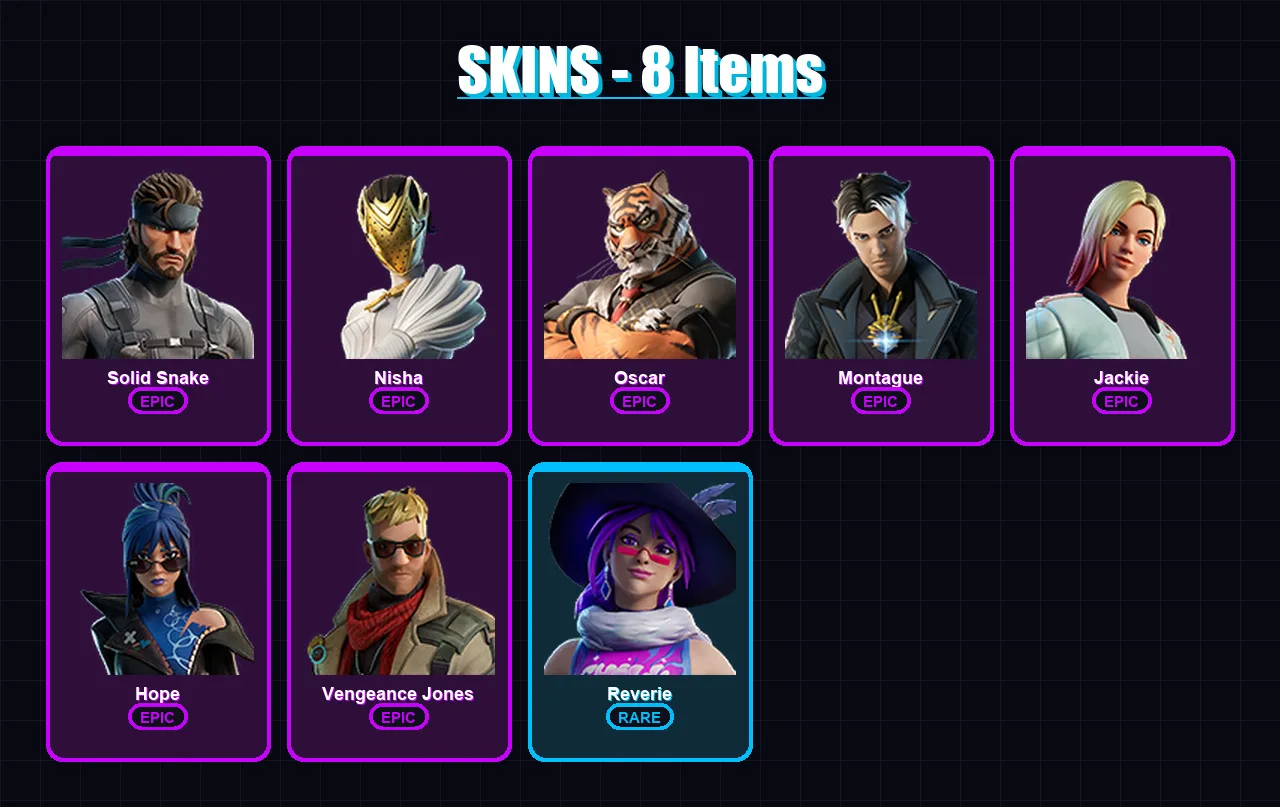 [PC/XBOX/PSN] | Solid Snake | Nisha | Oscar | Montague | Jackie | 8 skin | 8 pickaxe | 7 emote | 8 glider | Lv73