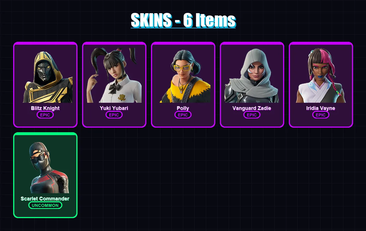 [PC/XBOX/PSN] | Blitz Knight | Yuki Yubari | Polly | Vanguard Zadie | Iridia Vayne | 6 skin | 34 pickaxe | 10 emote | 19 glider | Lv207