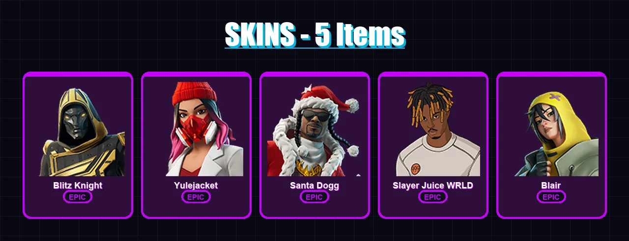 [SWITCH/XBOX/PSN/PC] | Blitz Knight | Yulejacket | Santa Dogg | Slayer Juice WRLD | Blair | 5 skin | 27 pickaxe | 9 emote | 19 glider | Lv260