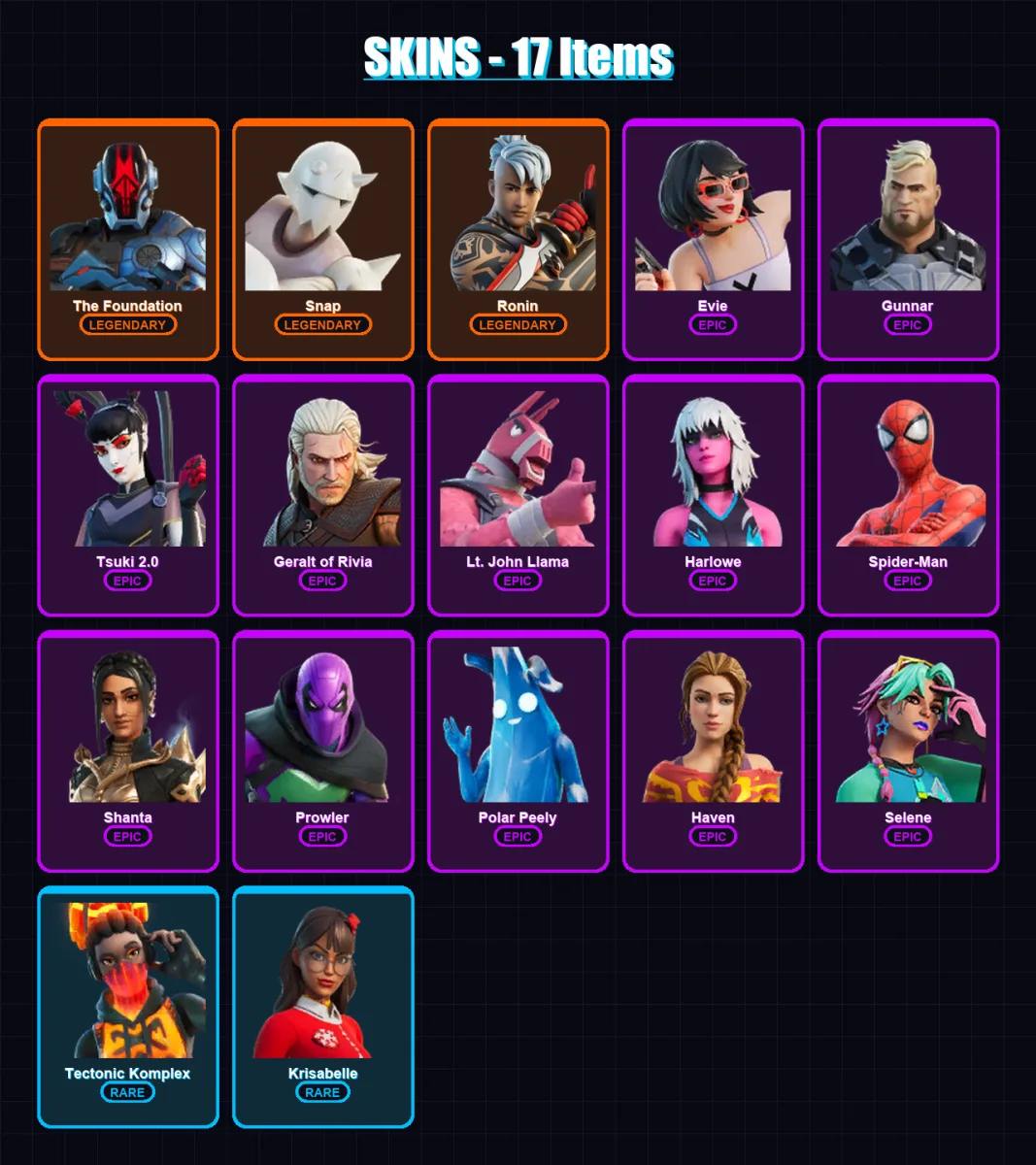 [PC/XBOX/PSN] | The Foundation | Snap | Ronin | Evie | Gunnar | 17 skin | 24 pickaxe | 17 emote | 21 glider | Lv205