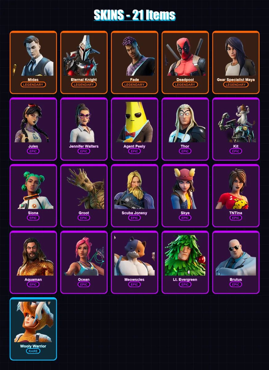 [PS4/PS5/XBOX/PC] | Midas | Eternal Knight | Fade | Deadpool | Gear Specialist Maya | 21 skin | 26 pickaxe | 30 emote | 37 glider | Lv554