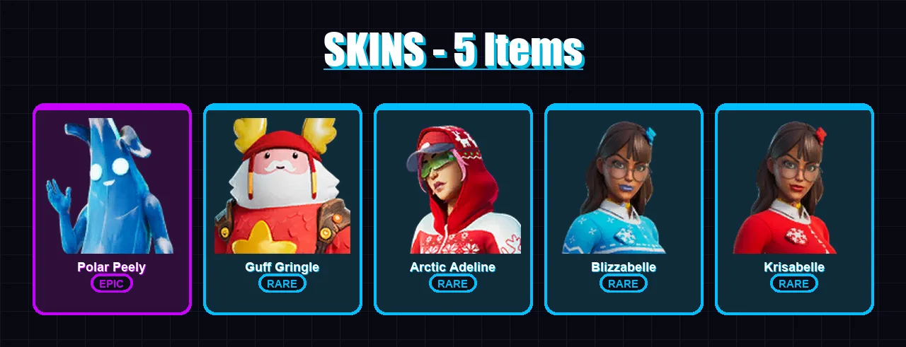 [PC/XBOX/PSN] | Polar Peely | Guff Gringle | Arctic Adeline | Blizzabelle | Krisabelle | 5 skin | 8 pickaxe | 4 emote | 7 glider | Lv57