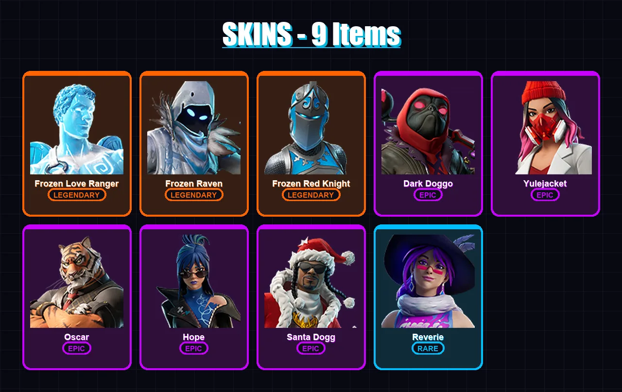 [PC/XBOX/PSN] | Frozen Love Ranger | Frozen Raven | Frozen Red Knight | Dark Doggo | Yulejacket | 9 skin | 20 pickaxe | 11 emote | 15 glider | Lv132