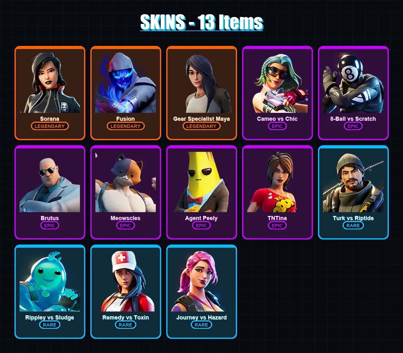 [PC/XBOX/PSN] | Sorana | Fusion | Gear Specialist Maya | Cameo vs Chic | 8-Ball vs Scratch | 13 skin | 15 pickaxe | 15 emote | 14 glider | Lv259
