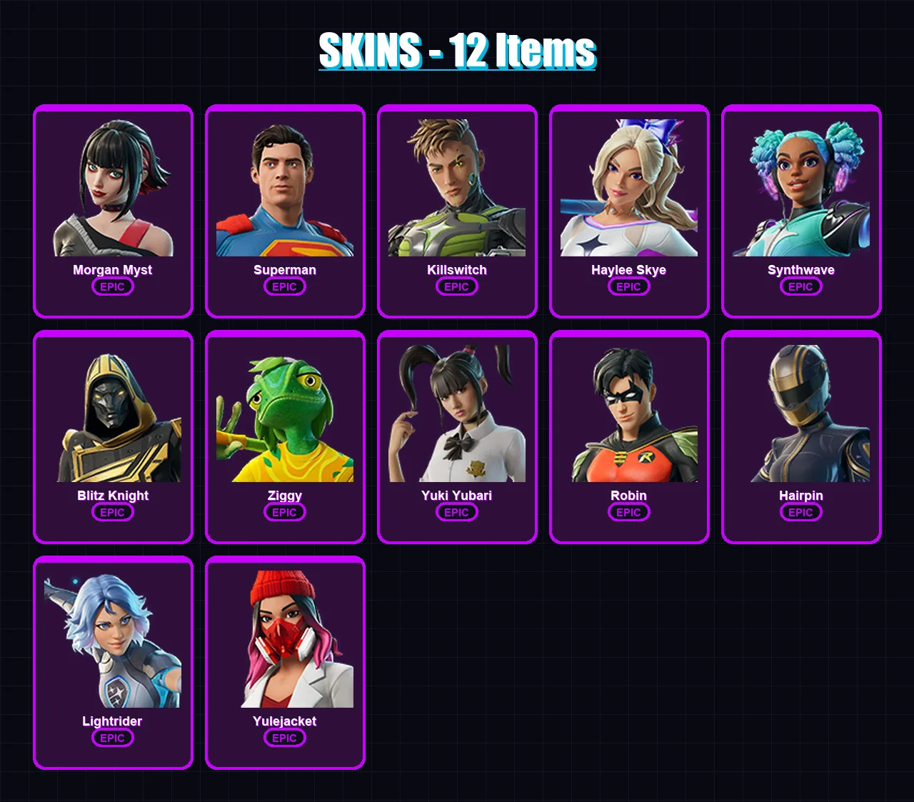[PS4/PS5/XBOX/PC] | Morgan Myst | Superman | Killswitch | Haylee Skye | Synthwave | 12 skin | 55 pickaxe | 23 emote | 34 glider | Lv537