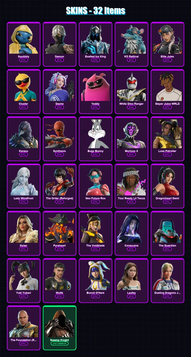 [PC/PSN] | Squibbly | Damon | Exalted Ice King | KD Rattical | Elite Jules | 32 skin | 61 pickaxe | 31 emote | 36 glider | Lv321