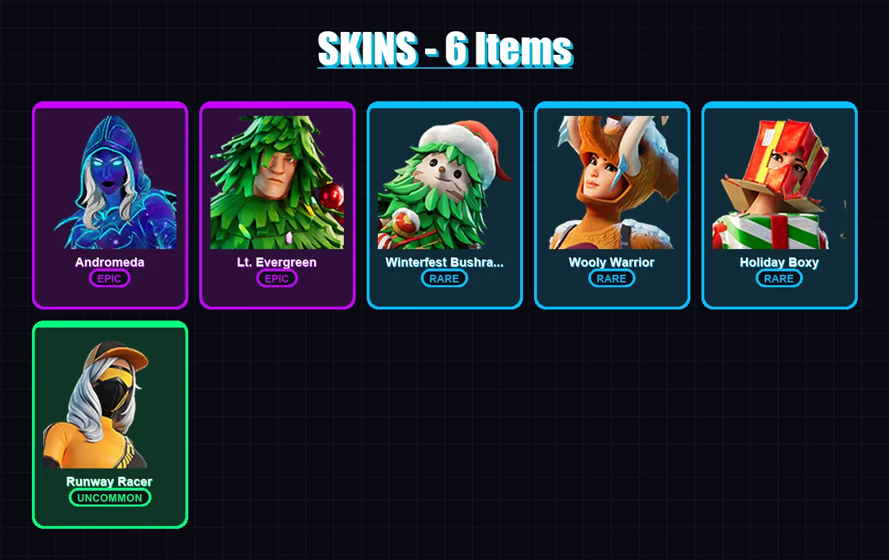 [PC/XBOX] | Andromeda | Lt. Evergreen | Winterfest Bushranger | Wooly Warrior | Holiday Boxy | 6 skin | 11 pickaxe | 6 emote | 9 glider | Lv159