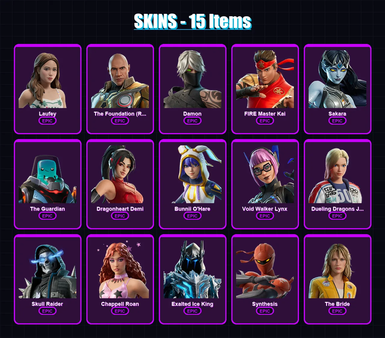 [PC/PSN] | Laufey | The Foundation (Reforged) | Damon | FIRE Master Kai | Sakara | 15 skin | 9 pickaxe | 4 emote | 5 glider | Lv44