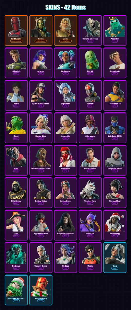 [PS4/PS5/XBOX/PC] | Red Knight | Hades | Zeus | General Grievous | Poseidon | 42 skin | 94 pickaxe | 54 emote | 61 glider | Lv1502