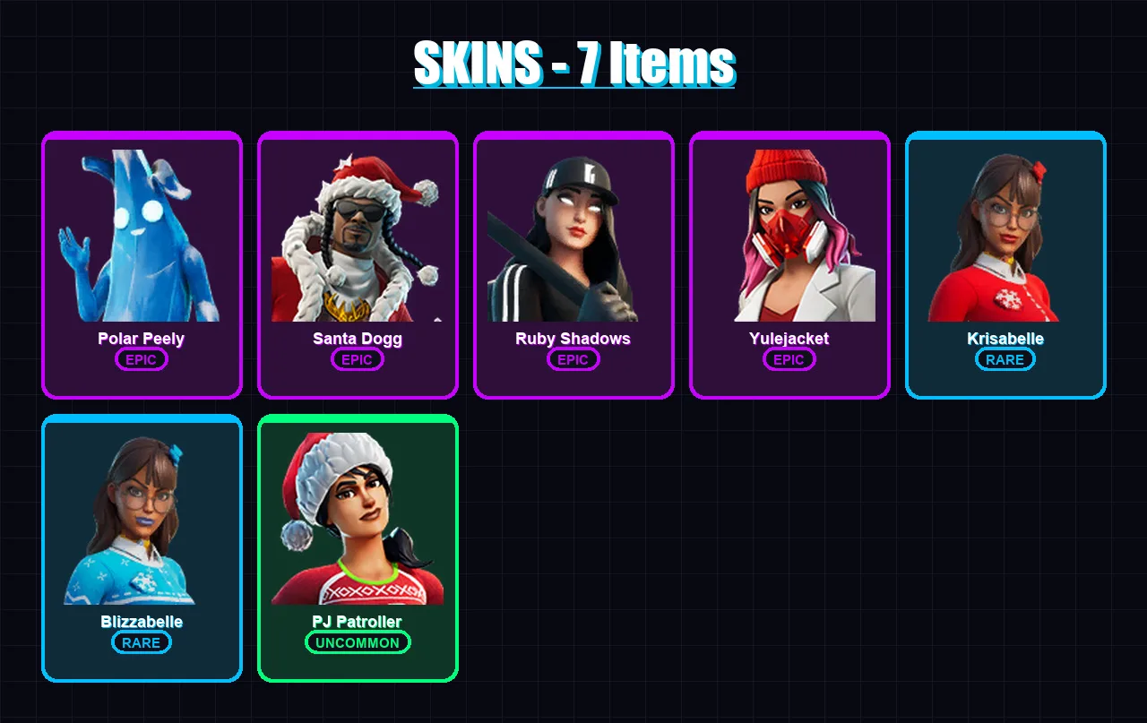 [PC/XBOX/PSN] | Polar Peely | Santa Dogg | Ruby Shadows | Yulejacket | Krisabelle | 7 skin | 17 pickaxe | 13 emote | 14 glider | Lv198