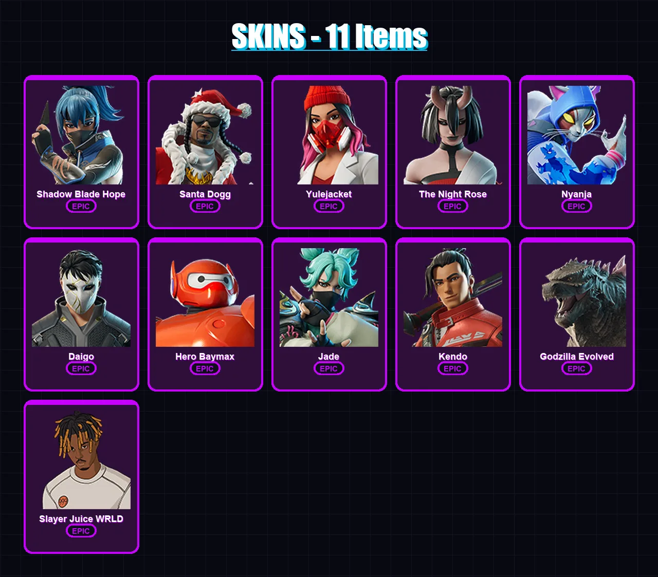 [PC/XBOX/PSN] | Shadow Blade Hope | Santa Dogg | Yulejacket | The Night Rose | Nyanja | 11 skin | 30 pickaxe | 19 emote | 24 glider | Lv262