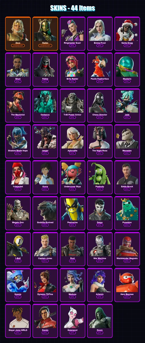 [PC/XBOX/PSN] | Zeus | Hades | Ringmaster Scarr | Emma Frost | Santa Dogg | 44 skin | 66 pickaxe | 49 emote | 48 glider | Lv609