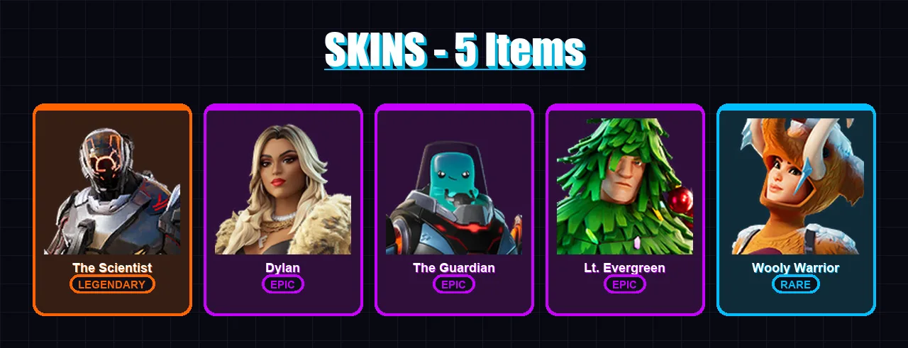 [PC/XBOX/PSN] | The Scientist | Dylan | The Guardian | Lt. Evergreen | Wooly Warrior | 5 skin | 18 pickaxe | 18 emote | 19 glider | Lv254