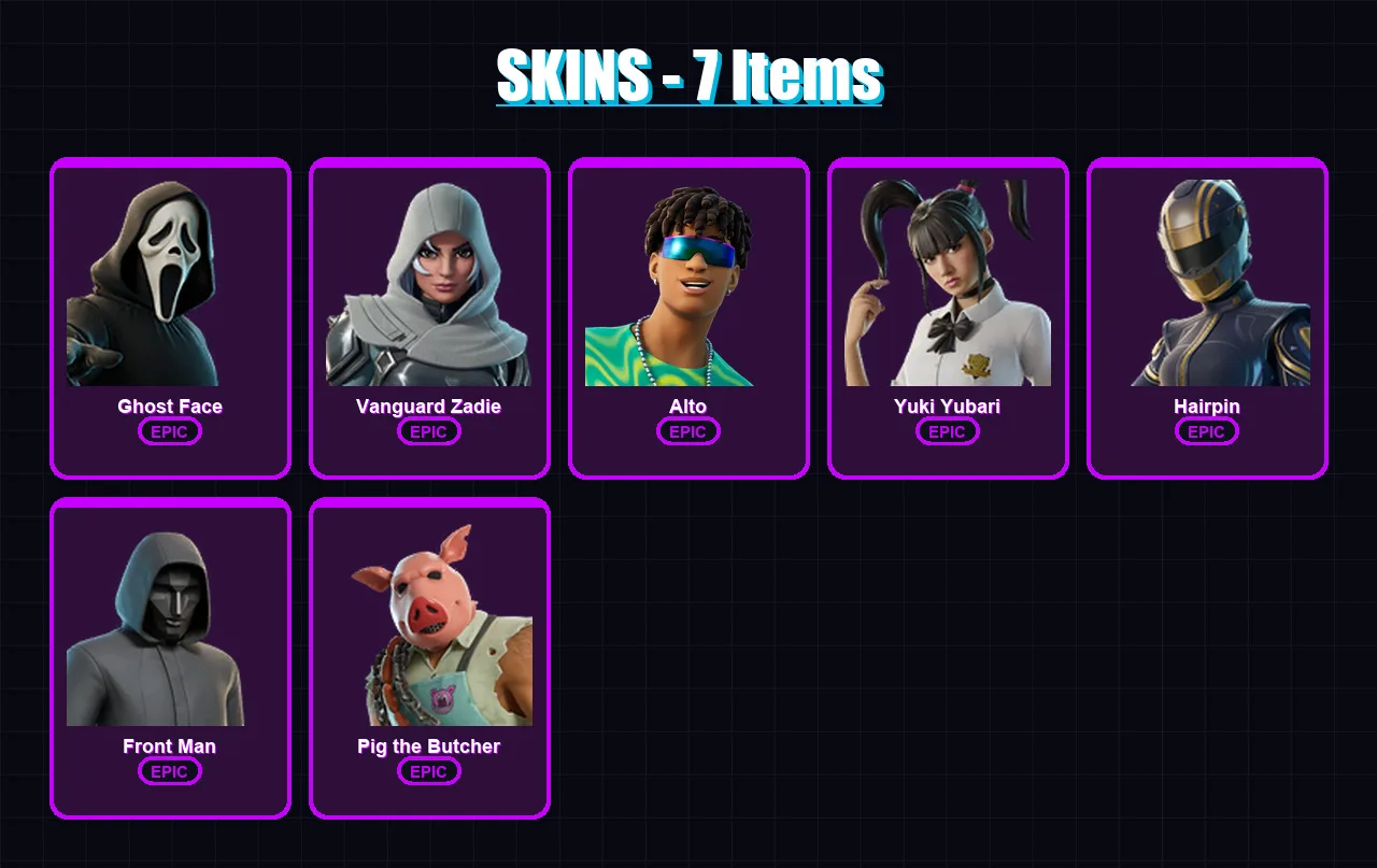 [PC/XBOX/PSN] | Ghost Face | Vanguard Zadie | Alto | Yuki Yubari | Hairpin | 7 skin | 28 pickaxe | 11 emote | 19 glider | Lv216
